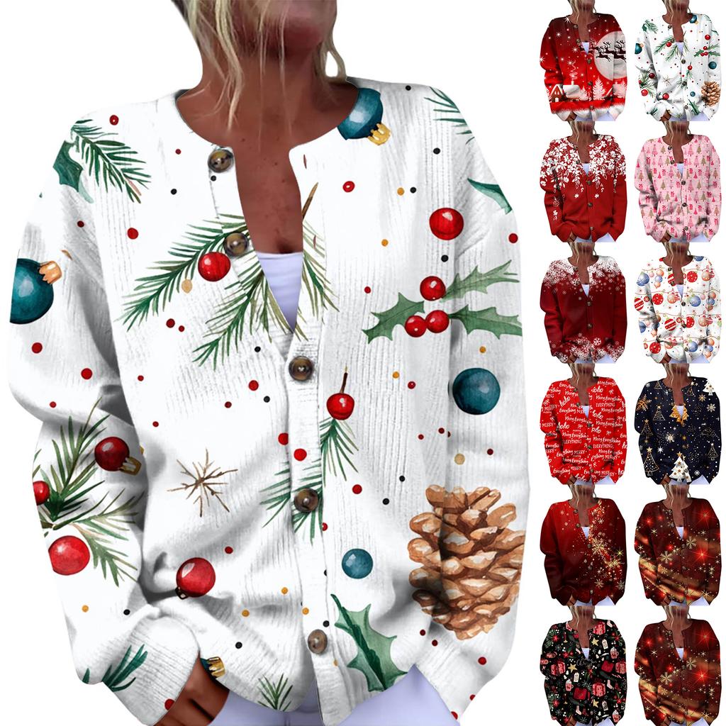 Женская мода рождественский принт длинный рукав вязаный кардиган пуховик