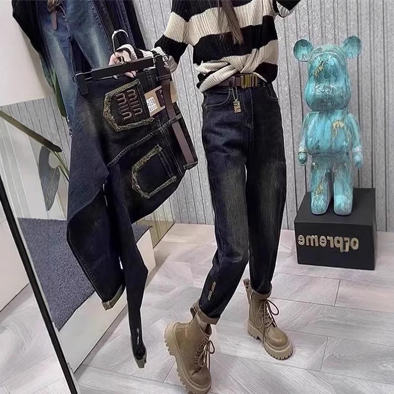 Джинсы гаремного кроя из ретро-синего бархата с высокой посадкой больших размеров для женщин с фигурой «груша»