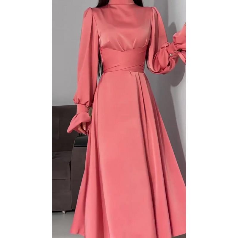 Long Sleeve Satin Dress Solid Color Elegant Fairy Style Women