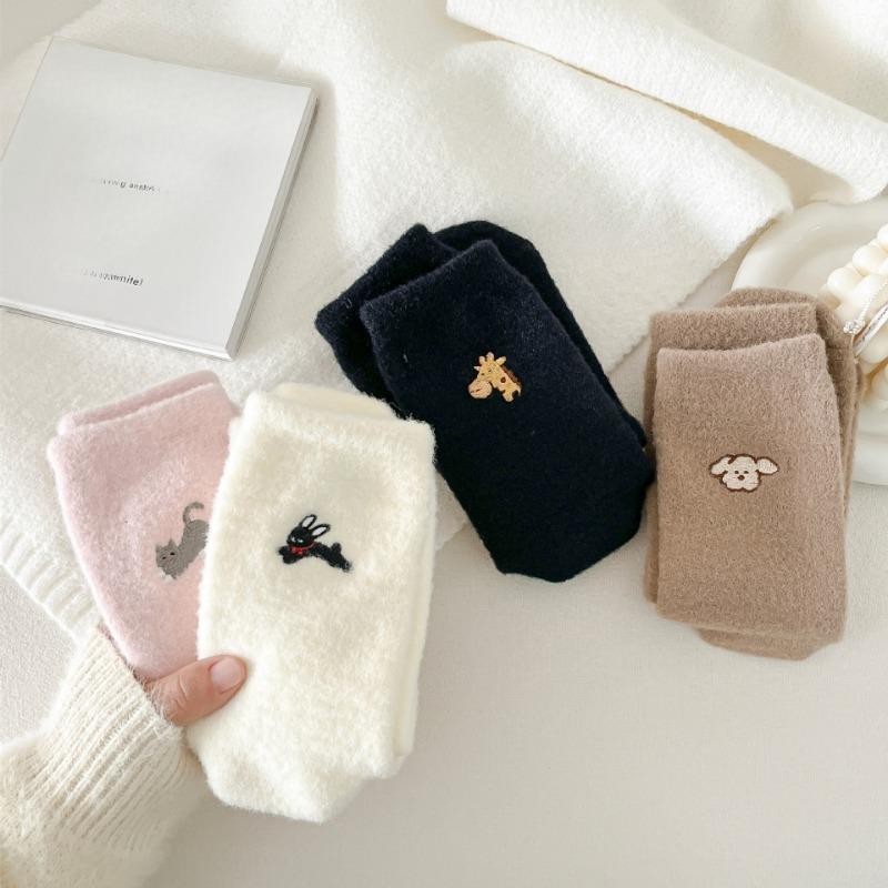 Cute AB Asymmetrical Embroidered Cartoon Women's Socks for Autumn and Winter, Australian Fleece Sleep Thickened Floor Socks