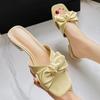 Leather Bowknot Women Slippers Open Toe Low Heel Metal Decoration Flip Flops Female Yellow Bow Slides Sandalias Plus Size 43