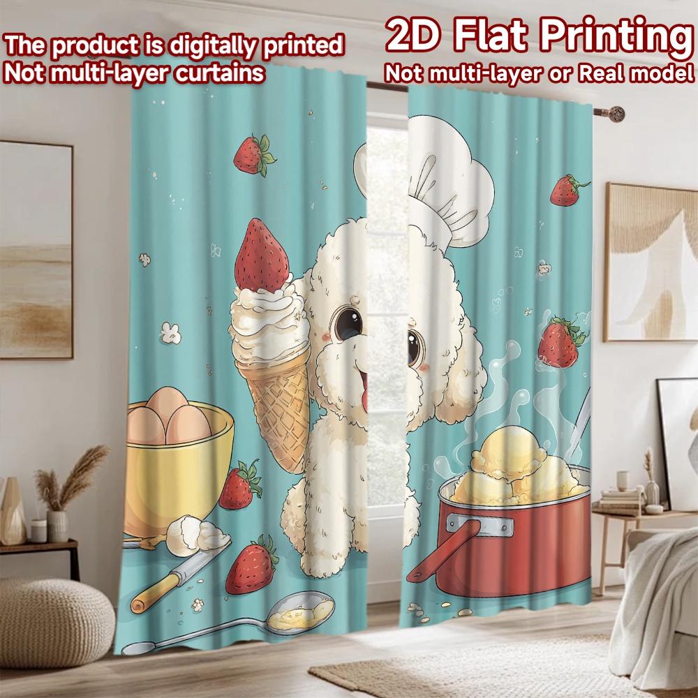 2D flat printing 2pcs Curtains Cute dog chef strawberry ice cream Digital Printed Polyester Drapes Family Party Decoration Use