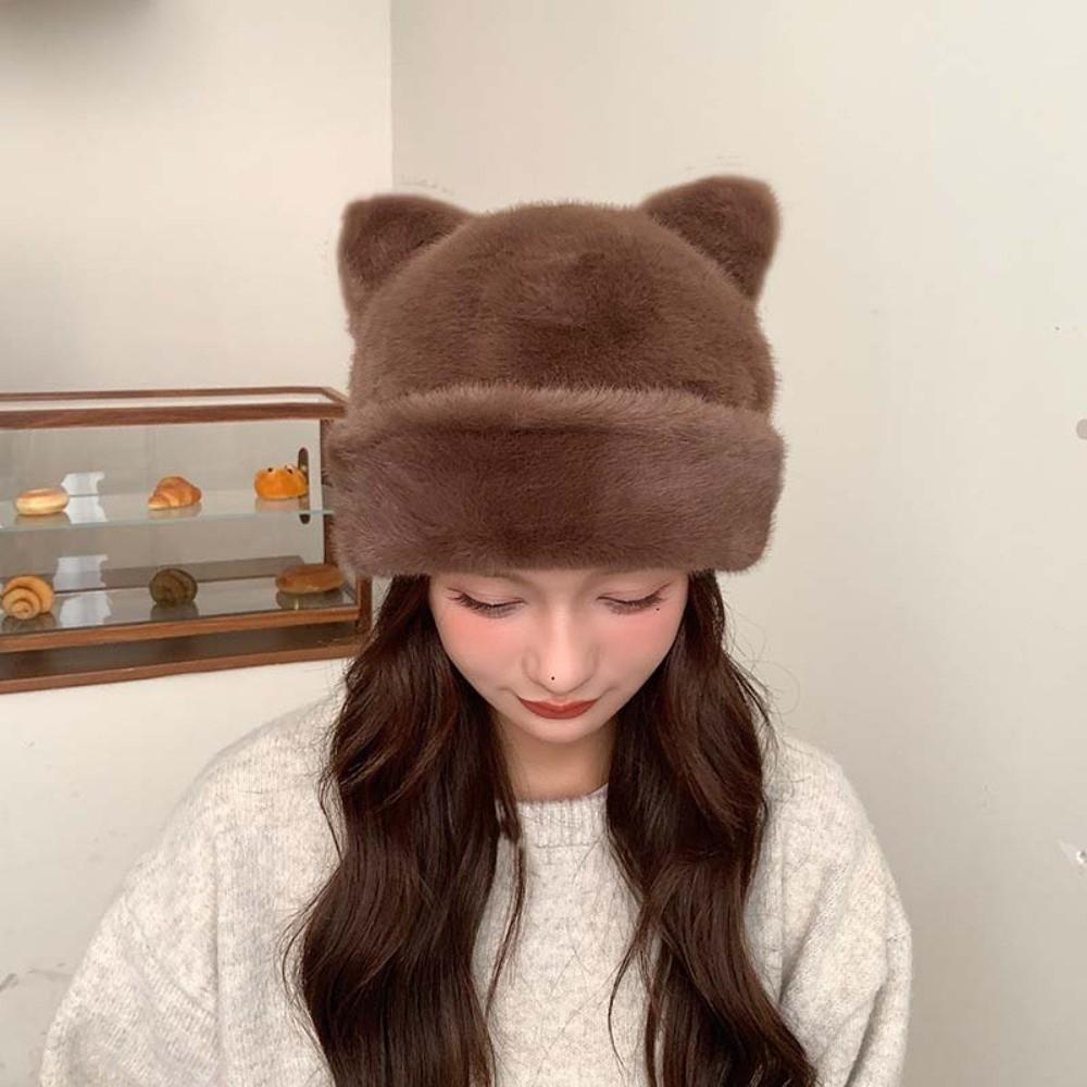 Korean Style Plush Bear Hat Imitation Mink Fur Brimless Beanie Cap Versatile Pullover Cap Winter