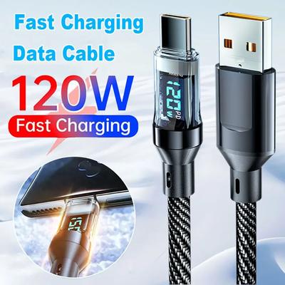 Кабель USB — Type-C 120 Вт с цифровым дисплеем для быстрой зарядки и передачи данных для Xiaomi, Samsung, Huawei, USB-C — Type-C