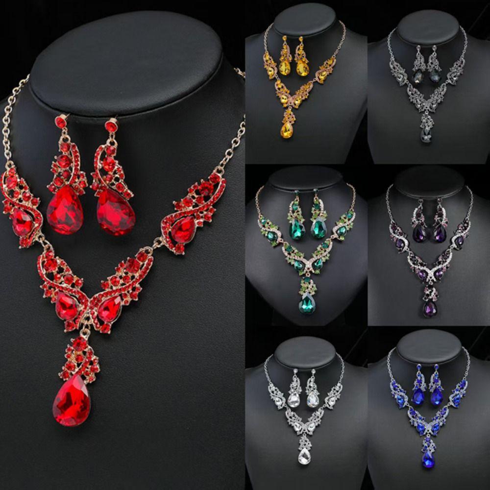 Exaggerated Rhinestone Jewelry Set Crystal Women's Necklace Water Drop Necklace Earrings Set  Women