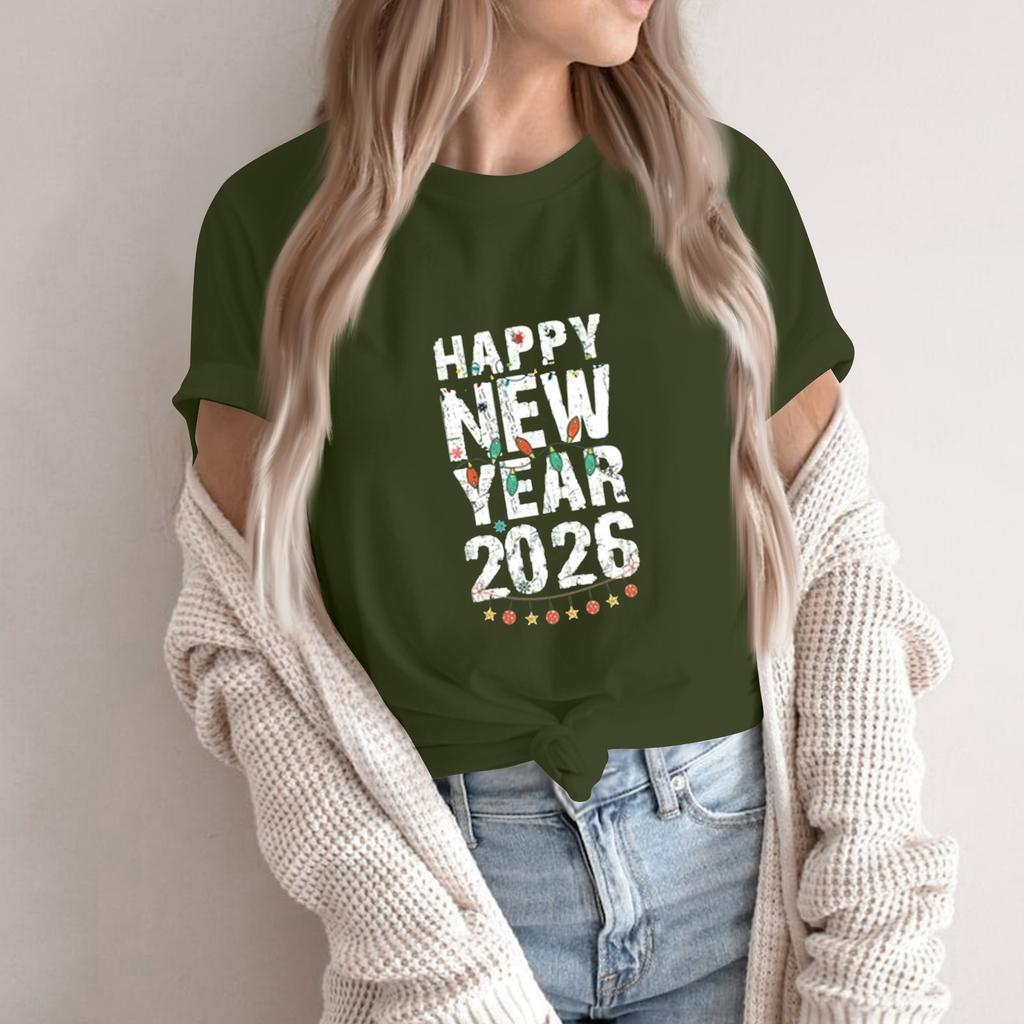 Women's Fashion 2026 New Year Printed Round Neck Short Sleeve Top