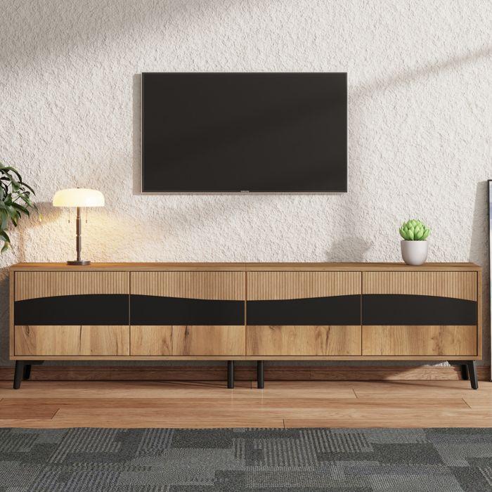 Meuble TV - LEMONBEST - Meuble TV de salon moderne - 180x40x50 cm - 4 portes - Bois & noir