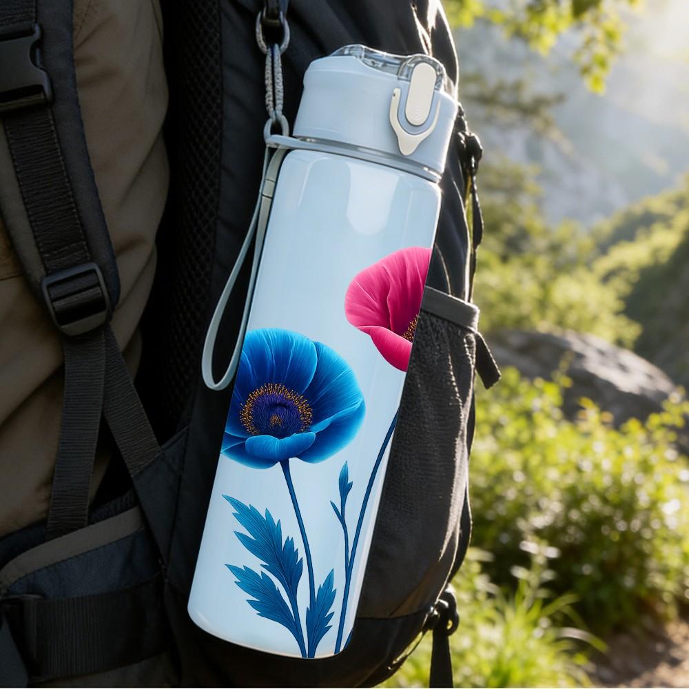 1PC Poppy Wild Flower 750ml Color Plastic Sports Water Bottle Leakproof Flip Straw Lid Suitable for Sports Office Home Use