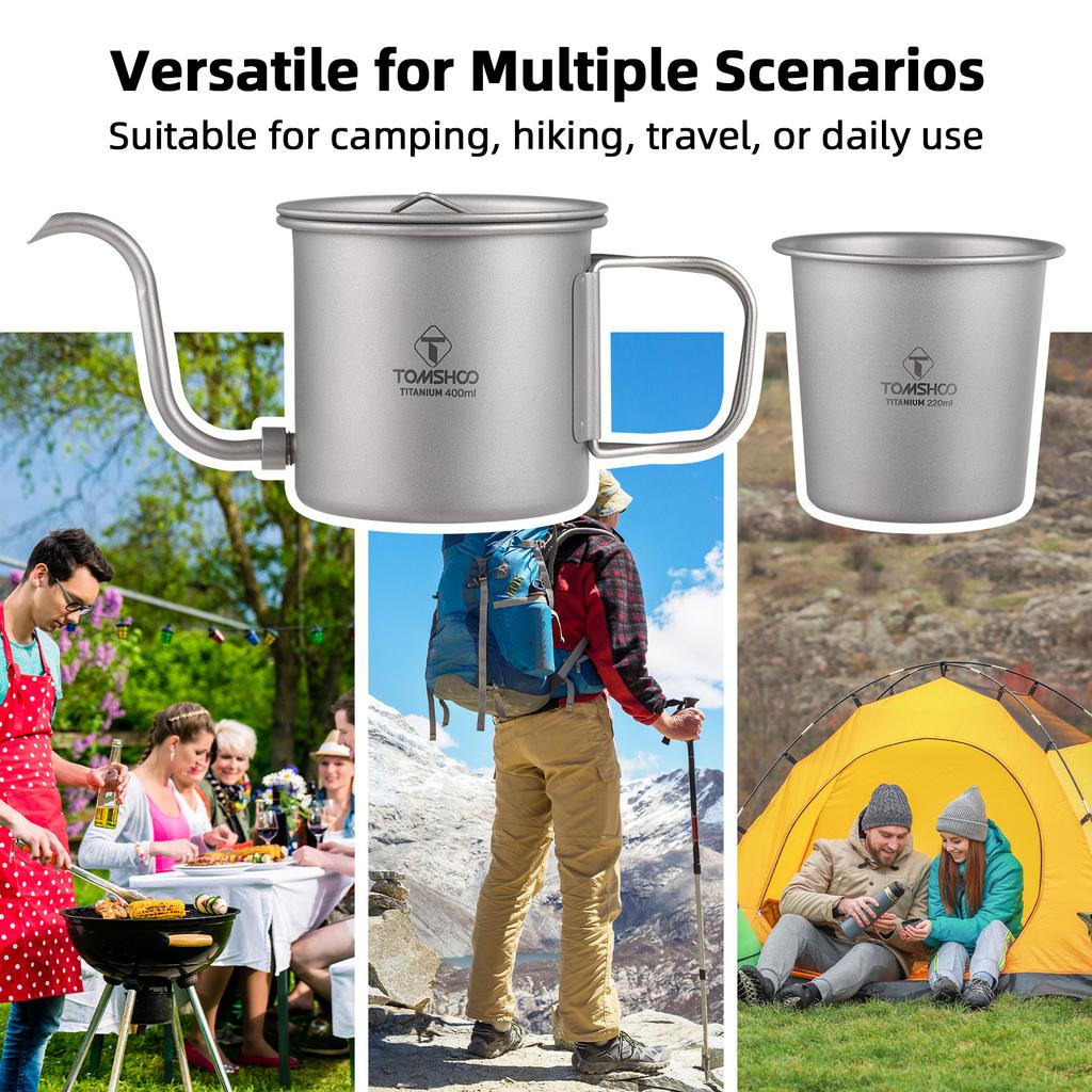 Portable Camping Coffee Pot 400ml with Detachable Spout Ti Metal Coffee Kettle Foldable Handle for
