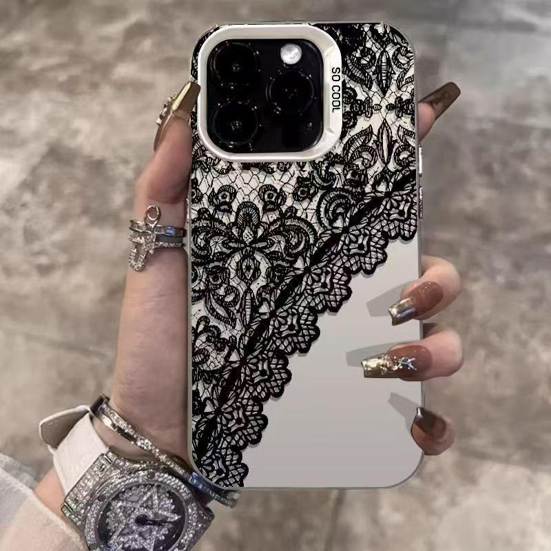 Черный Кружевной Серебряный Чехол для Телефона Apple 17/16/15 Pro, 14 Pro Max, 13/12 Серия Люкс