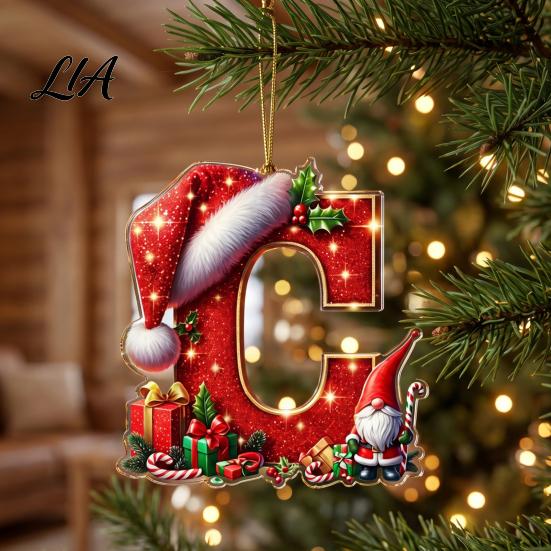Christmas Tree Pendant 26 Pcs Letters Ornaments, A-Z Alphabet Acrylic Hanging Decoration Decoration, Personalized Initial with Santa Hat for Xmas Home