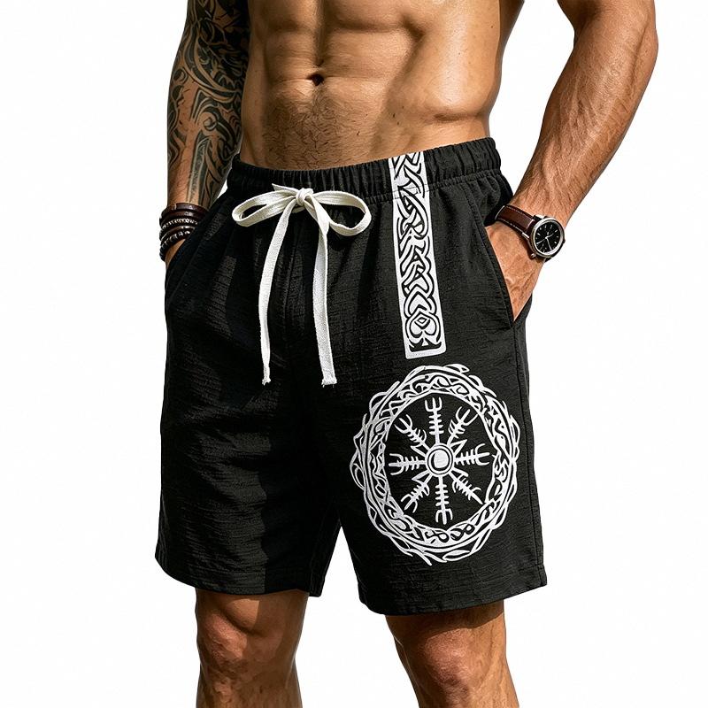Men Nordic Viking Totem Print Drawstring Waist Casual Linen Blend Shorts