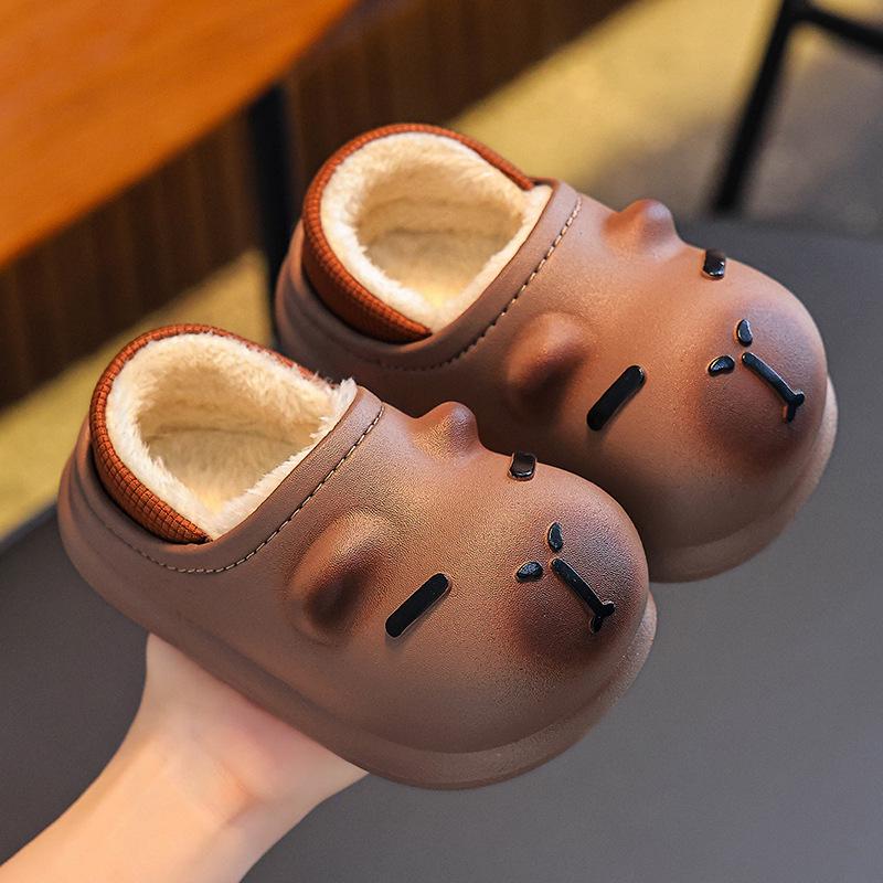 Capybara Kids' Winter Cartoon Cotton Slippers: Soft, Non-slip Indoor Shoes for Boys with Funny Step-on Design
