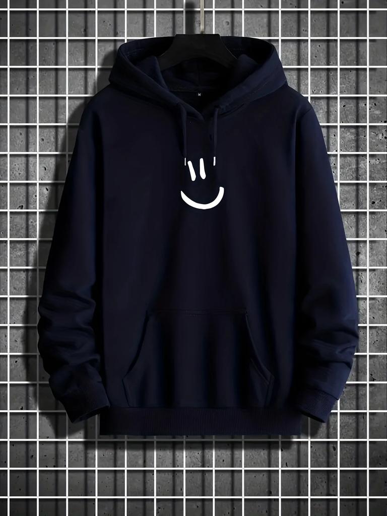 2024 NEW Men's Hooded Sweatshirt, Spring/autumn Cute Smile Graphic Print Hoodies For Big & Tall Males, Men's Clothing, Plus Size