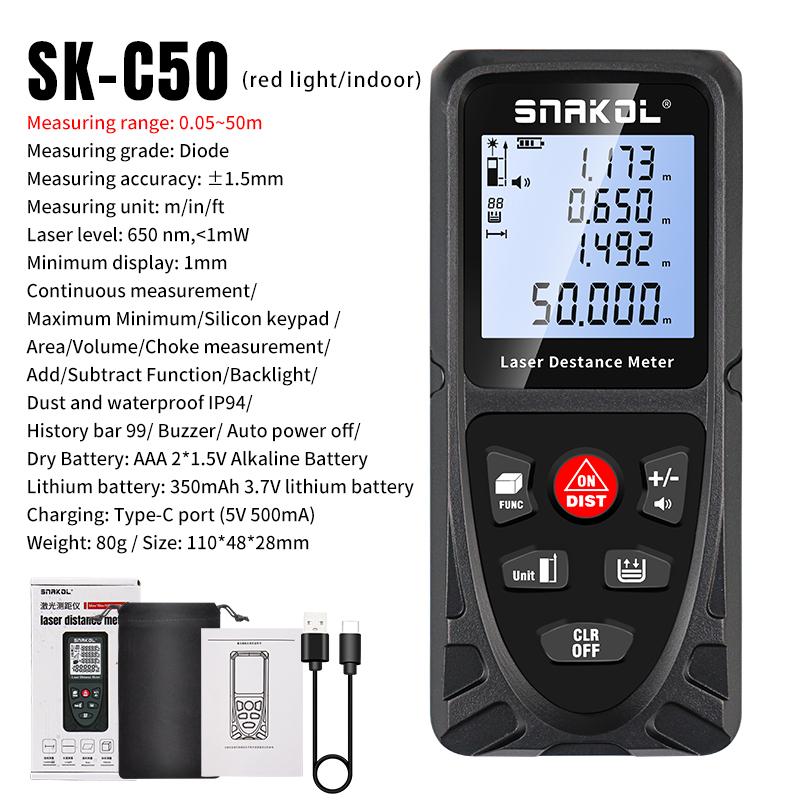 Snakol Laser Distance Meter 50m 70m 100m 120m Цифровой дальномер Аккумуляторная лазерная рулетка Электронная линейка