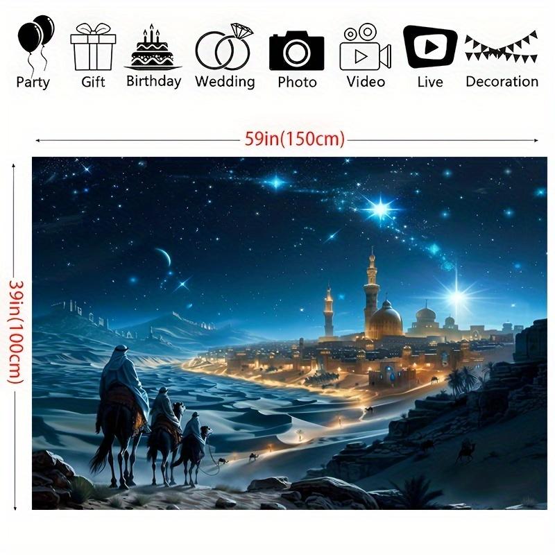 Merry Christmas Tapestry - Festive castle desert and camel patterns starry night view blue accents polyester material