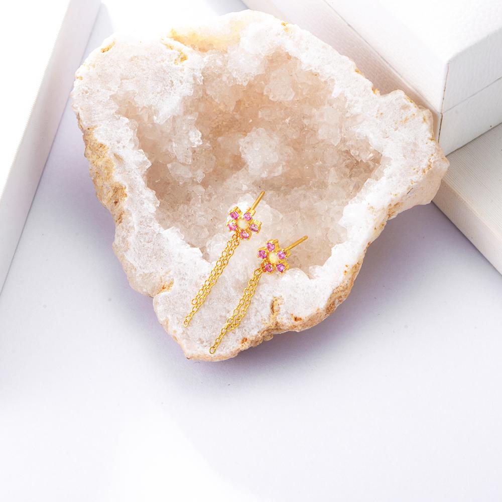 Fashion Dainty 925 Serling Silver Plant Jewelry 14K Gold Plated Cubic ZirCOn Flower Chain Tassel Stud Earrings for Women