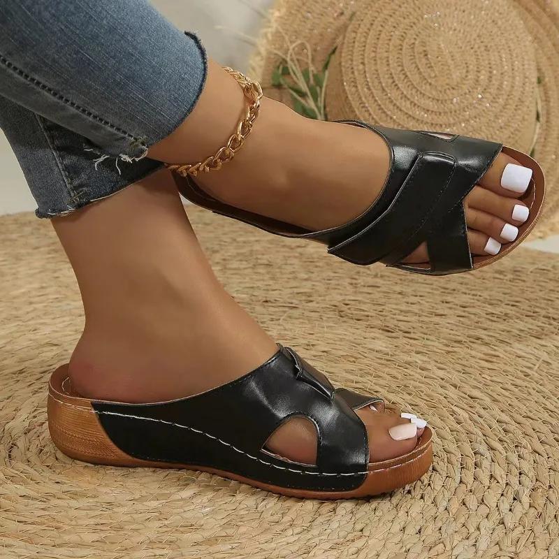 Женские босоножки на танкеткеПремиум ортопедические босоножки с открытым носкомВинтажные нескользящие кожаные повседневные женские туфли на платформе в стиле ретро 36-43