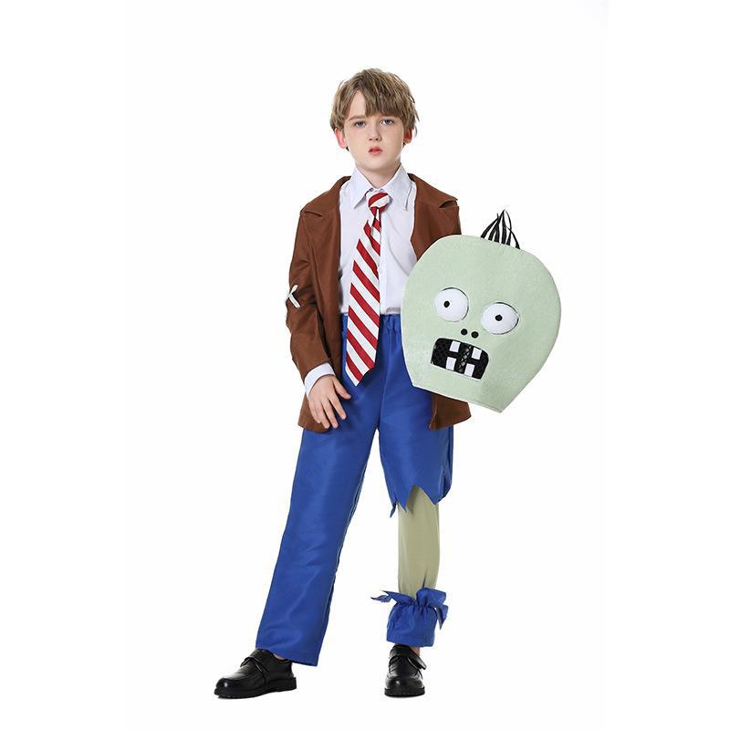 Kids Boys Halloween Costume Retro Plants vs. Zombies Cosplay Outfit Set with Green Zombie Hat Party Fancy Dress for Ages 4-10