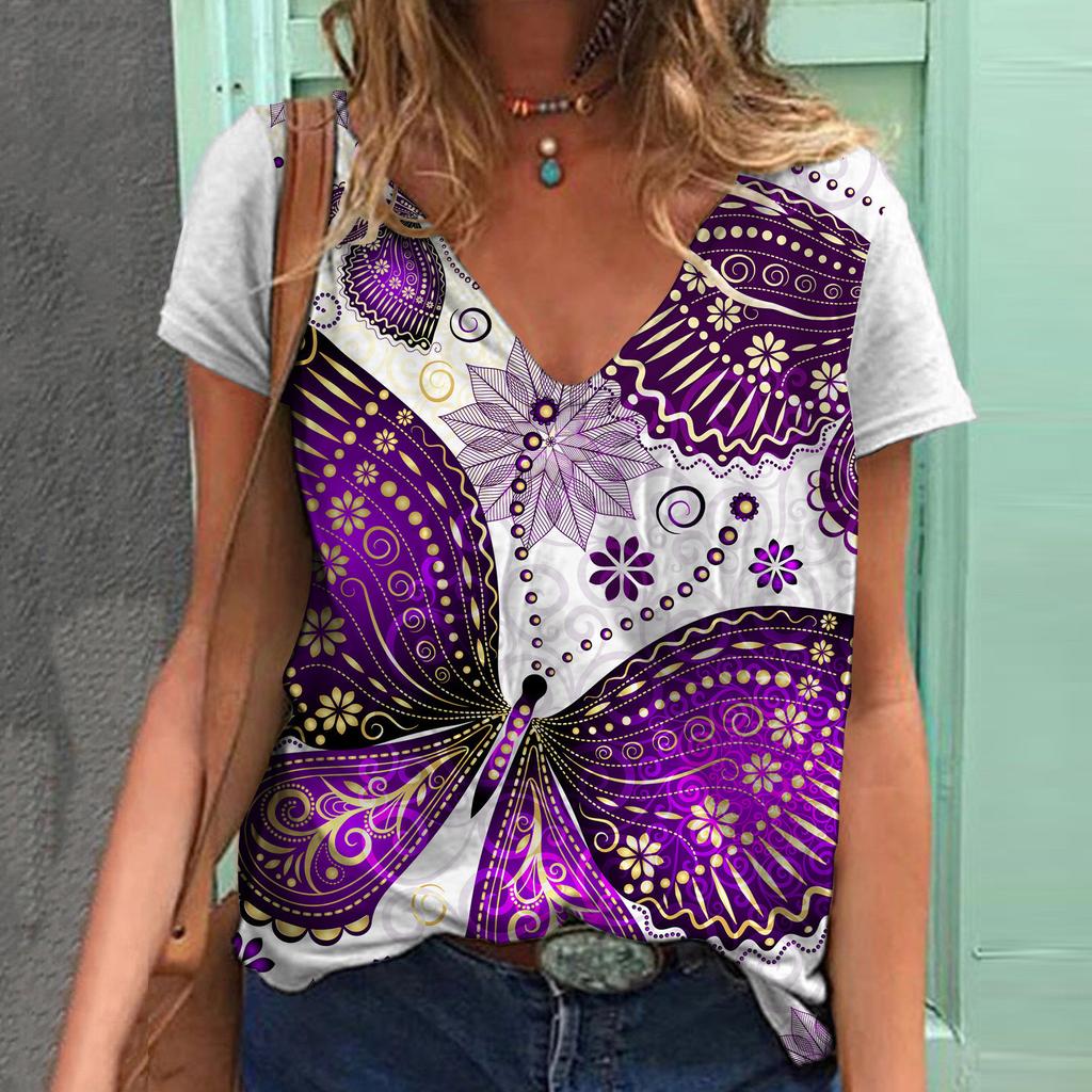 Летняя женская футболка с короткими рукавами и V-образным вырезом в стиле Harajuku с принтом бабочки из полиэстера с 3D-принтом и цифровым принтом