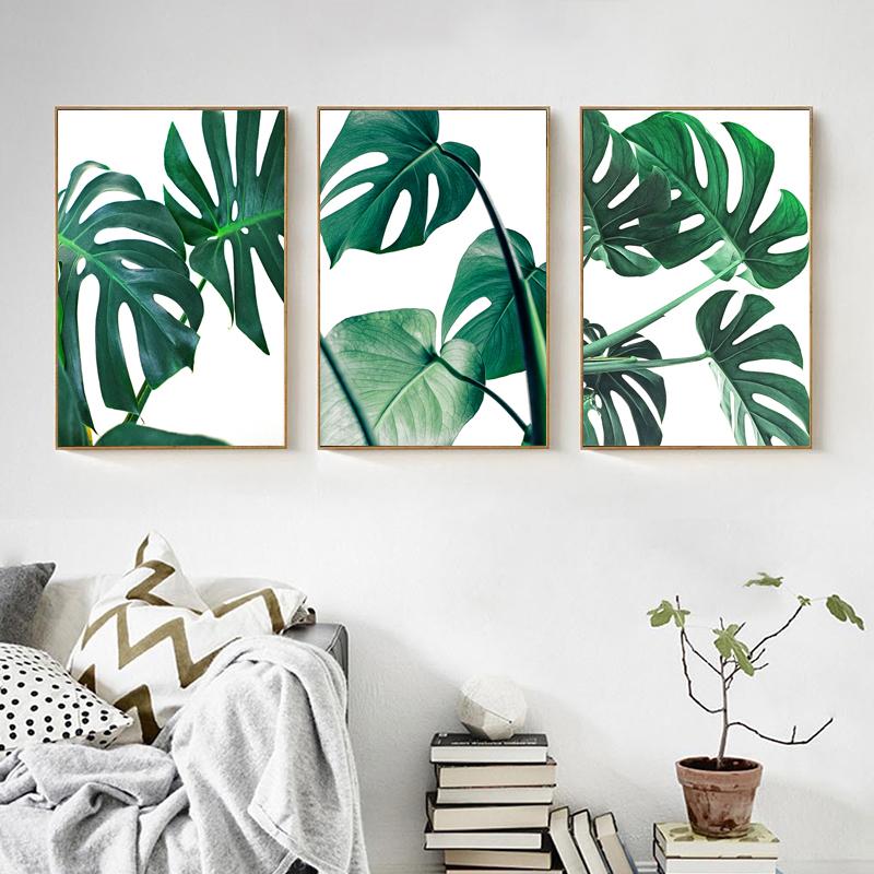Nordic Green Palm Leaf Wall Art Monstera Leaves Canvas Painting Minimalist Tropical Plant Wall Picture for Living Room Decor