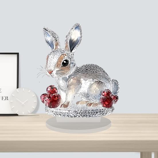 Clear Faux Crystal Bunny Figurine 2D Flat Acrylic Rabbit Table Sign for Home Office Garden Patio Desktop Decoration
