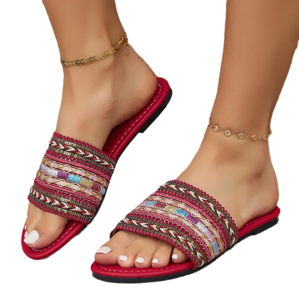 Тапочки в богемном стиле из плетеной ткани для женщин 2024 года, новые модные сандалии на плоской подошве для Европы и Америки, повседневная обувь для отдыха на пляже, легкая