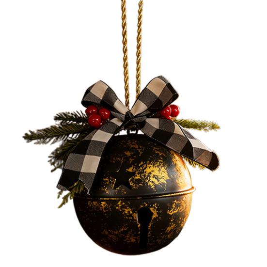 Рождественский колокольчик, украшение, деревенский рождественский колокольчик с сосновыми иголками, красными ягодами, клетчатым бантом, металлический колокольчик-сани, фермерский декор для подвешивания на рождественскую елку