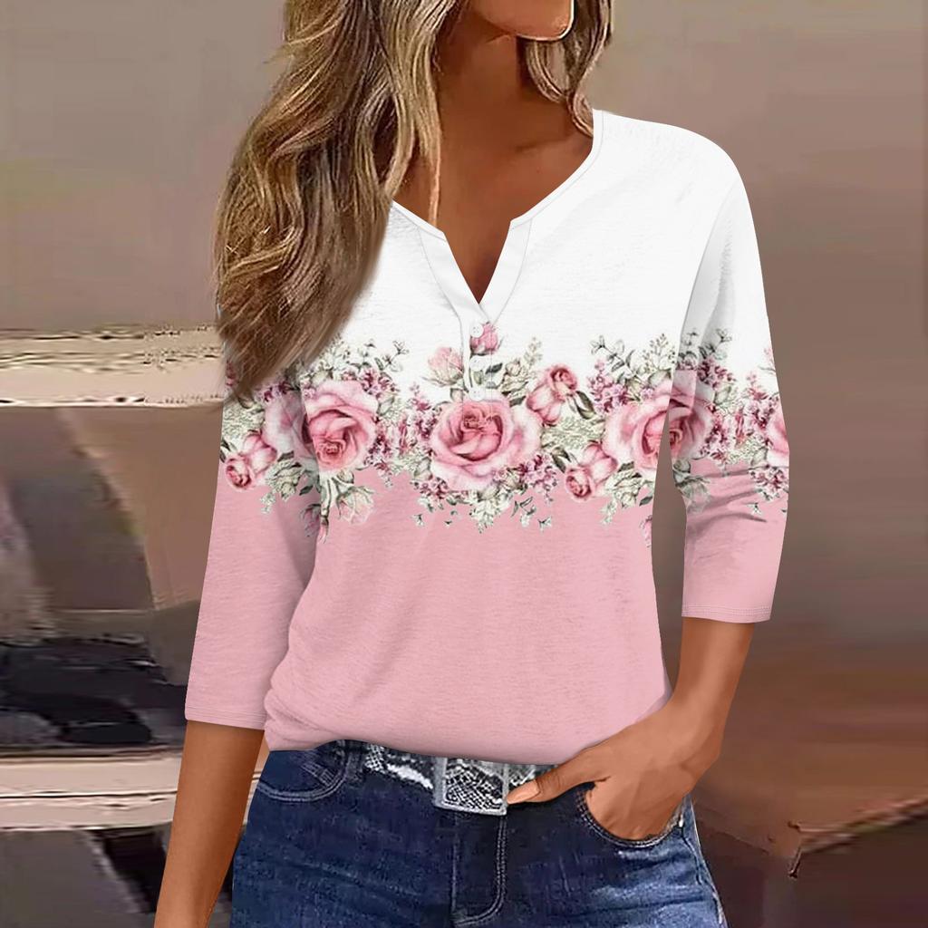 Жен. Футболка Футболка С принтом Пуговицы Рукав 3/4 Повседневные Выходные Мода Классический Классический V-образный вырез Обычный Верх