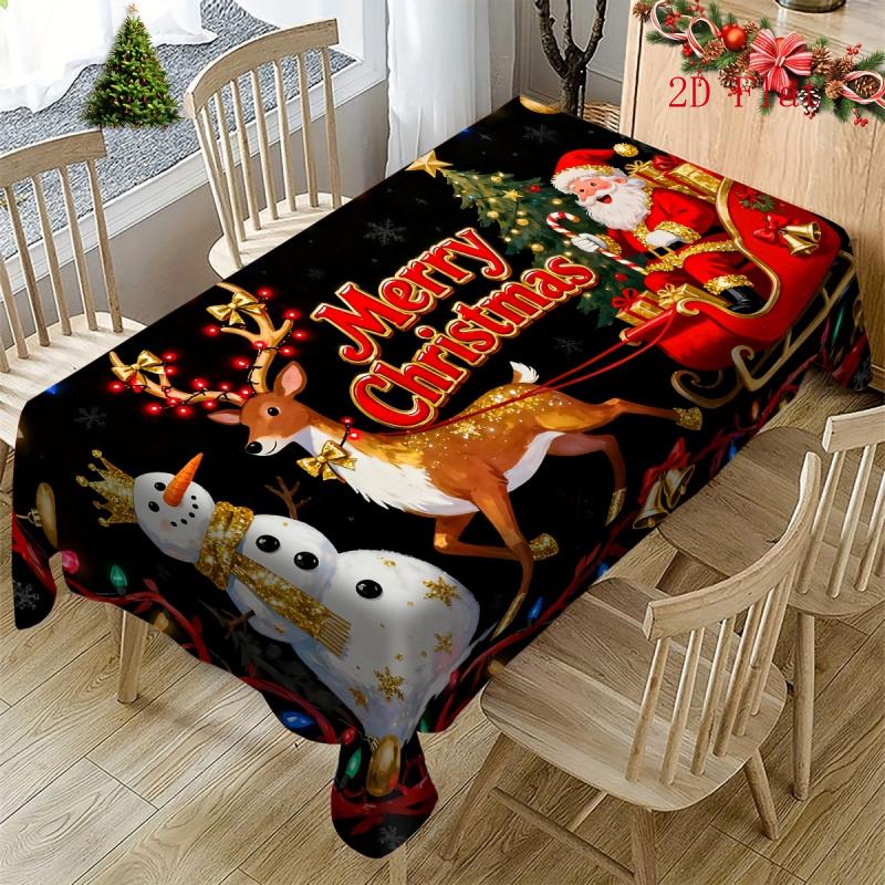 2D Flat 1pc Tablecloth with Black Background And Printed Decorations, Featuring Colorful Christmas Lights, Golden Balls, Snowmen, Reindeer, Santa Clau