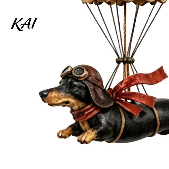 Artistic Puppy Hanging Decor Flying Dachshund Hot Air Balloon Ornament, Vintage Resin Dog Wall Hanger, Small Decorative Figurine for Porch Whimsical