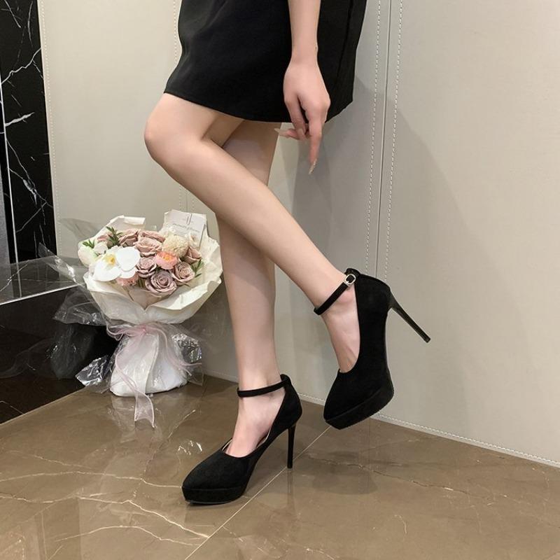 Новые женские туфли на высоком каблуке Однотонные туфли Пряжка Тонкий каблук Бархатная поверхность Водонепроницаемая Платформа Остроконечный носок Туфли Черный Простой стиль