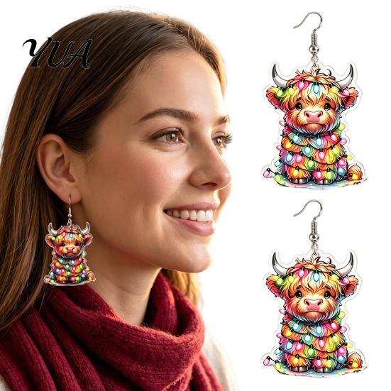 Cute Cow Pattern Earrings 1 Pair Acrylic Highland Christmas for Women, Scottish Cattle Colorful Dangle Drop Earrings, Cartoon Farm Animal Jewelry