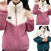 Women Winter Fall Coat Thickened Plush Color Matching Stand Collar Zipper Closure Long Sleeve Casual Cardigan Warm Heat Retention Pockets Lady