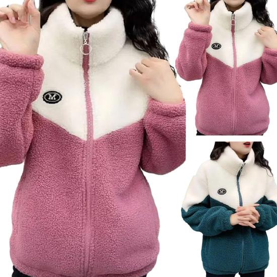 Women Winter Fall Coat Thickened Plush Color Matching Stand Collar Zipper Closure Long Sleeve Casual Cardigan Warm Heat Retention Pockets Lady
