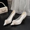 Fashion Wedding Shoes Women 2025 French Bridal Shoes Mesh Top Flower Main Wedding Dress High Heels Bridesmaids Champagne Single  Pumps