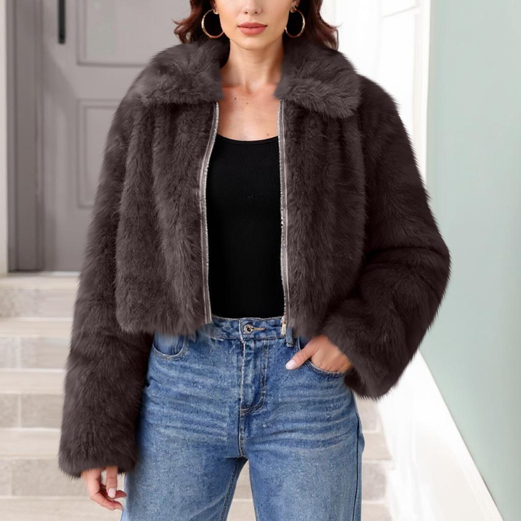 Women's Fashionable Warm Long Sleeve Solid-Color Furry Coat
