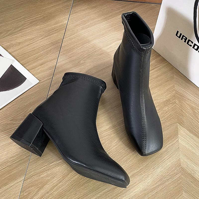 Fashion Casual Women's Thick Heel Medium Heel Boots Women's 2024 New Winter Square Toe Back Zipper Heightening Short Boots