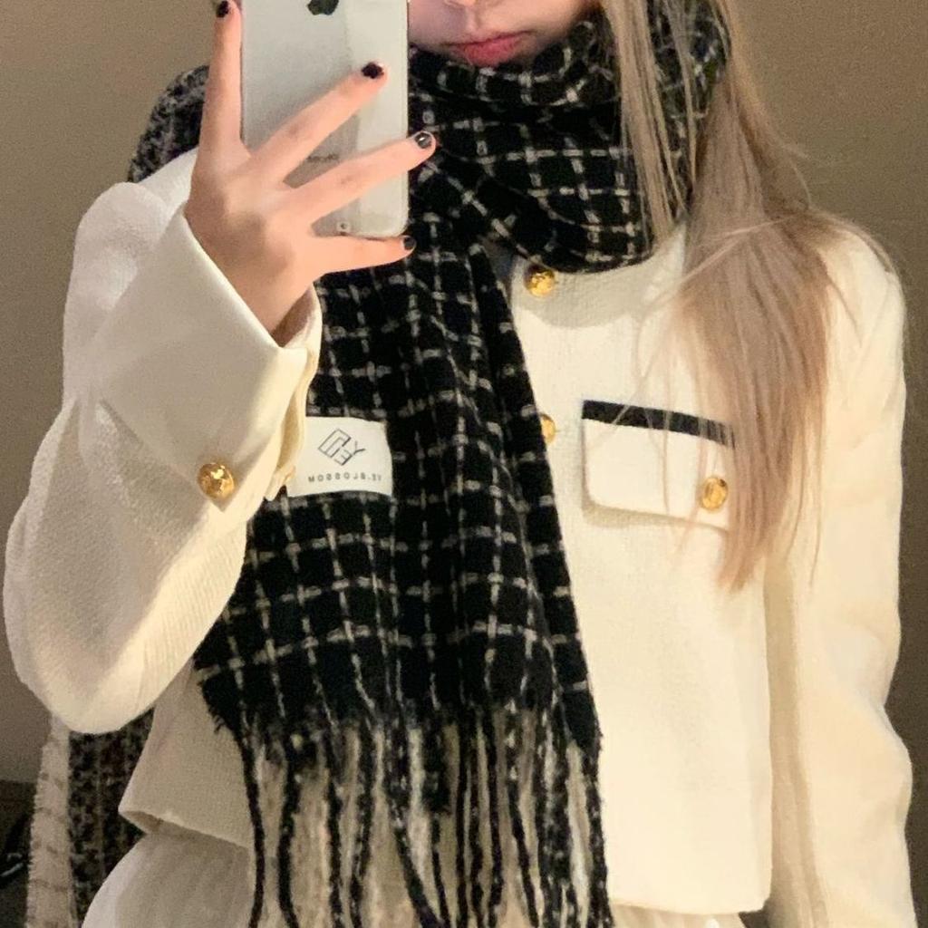 Xiaoxiangfeng Autumn and Winter Tassel Korean Version Versatile Double Sided Plaid Thickened Warm Scarf Imitation Cashmere Women's Shawl Dual Use
