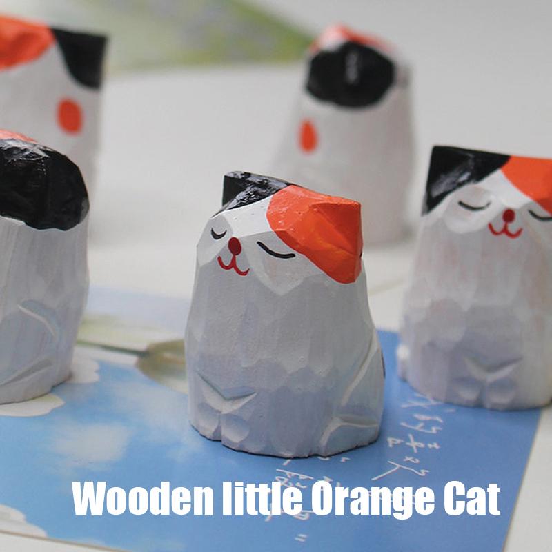 1PC Small Animal Creative Desktop Wood Cat DIY Decoration Crafts Handmade Wood Carving Kitten Ornaments