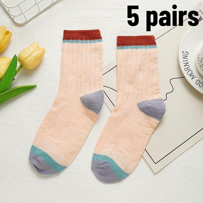 5 Pairs Women Candy Color Splicing Design Socks, Mid-tube Ribbed, Breathable, Sweat-absorbent, High Elastic