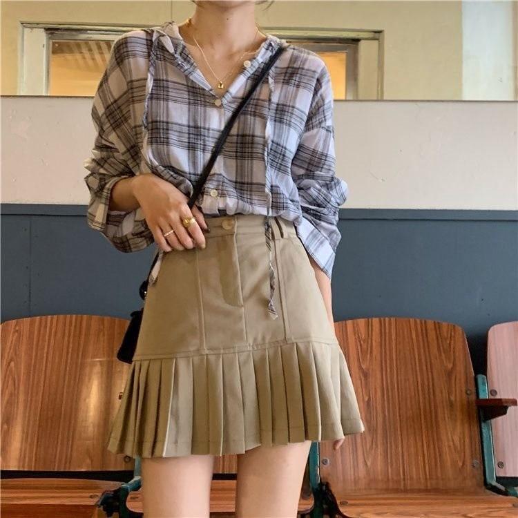 Cotton Blend Pleated Skirt For Women Spring High Waist Slim Fit With Embroidered Design For Casual Wear