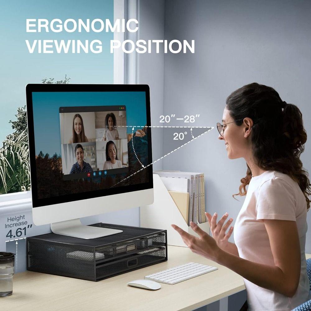 Черная металлическая сетка для компьютерного монитора, подставка для стола, двойной выдвижной ящик для хранения, канцелярские товары