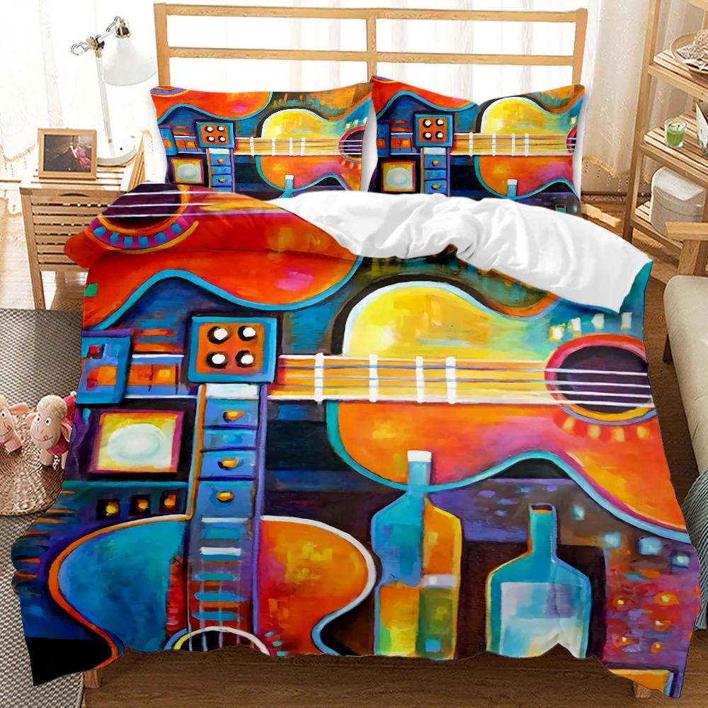 Комплект пододеяльника для гитары Твин Рок-музыка Комплект пододеяльника Хип-хоп Хиппи Покрывало Синяя гитара Полиэстеровый постельный комплект Для подростка