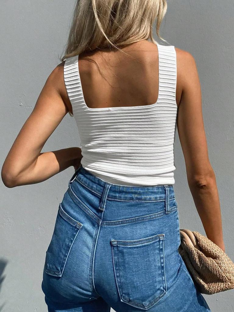 Women's Ribbed Tank Top Square Neck Slim Fit Sleeveless Summer Knit Shirt