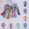 Silicone Beaded Bracelet Keychain Dog Paw Pattern Wrist Keychain with Faux Leather Tassel Charm