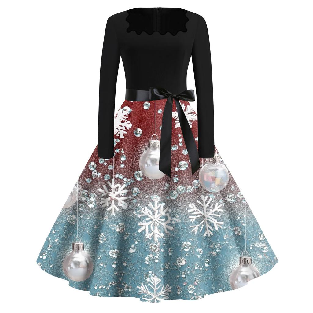 Women's Fashion Casual Square Neck Slim Christmas Printed Long Sleeve Dresses
