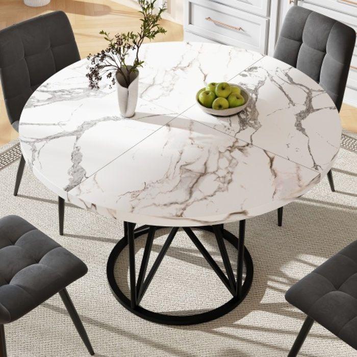 Table de salle à manger ronde - MUVOE - 100x100cm - Pieds géométriques - 4 places - MDF imitation marbre
