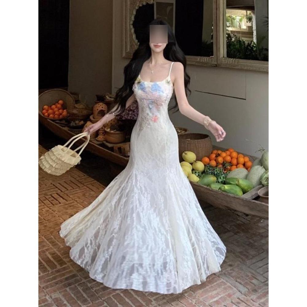 Пляжный отдых ветер талия сетка рыбий хвост облегающее бедра длинное платье ветер темперамент платье на бретелях универсальное женское лето