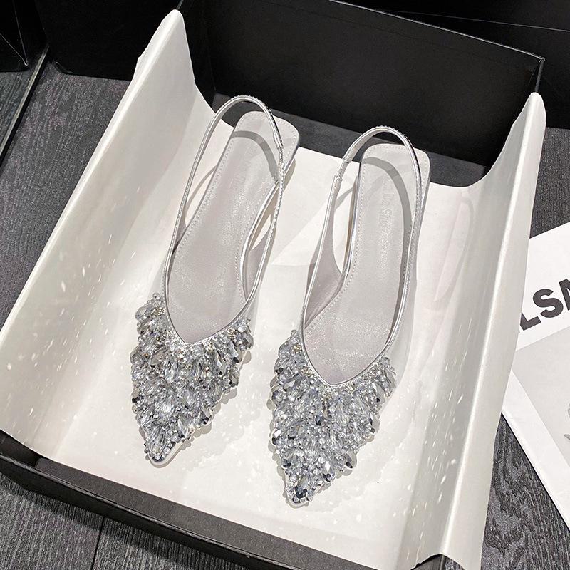 Женские босоножки с закрытым каблуком и острым носком, украшенные французскими стразами, 2024 г., большие размеры 41-43